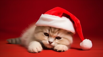 A cute little kitten with a Christmas hat on a red empty background.