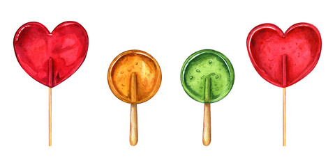 Transparent colorful caramel in the shape of heart and circle. Candies, bonbons, lollipop, sugar caramels on stick. Watercolor illustration for candy shop, store, postcard