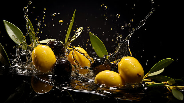 Olive oil splash with olives and olive branches background. generative ai
