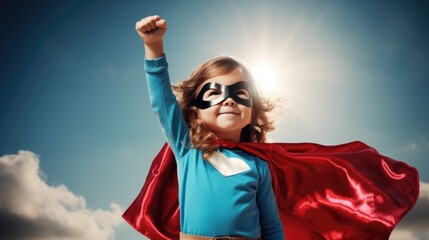 Cute little girl in superhero suit standing on blue sky background. Girl power concept. Dreaming of future.
