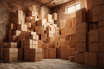 Traditional warehouse with stacked cardboard boxes. Generative AI