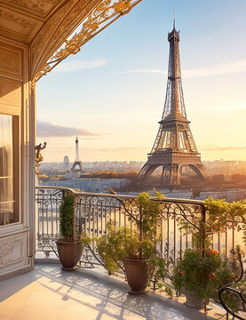 Beautiful paris balcony at sunset with eiffel tower view