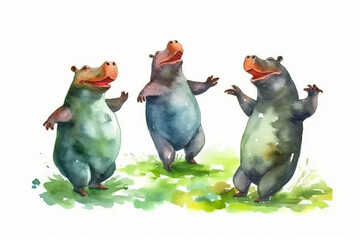 Watercolor drawing of three dancing cheerful hippopotamuses isolated on white background