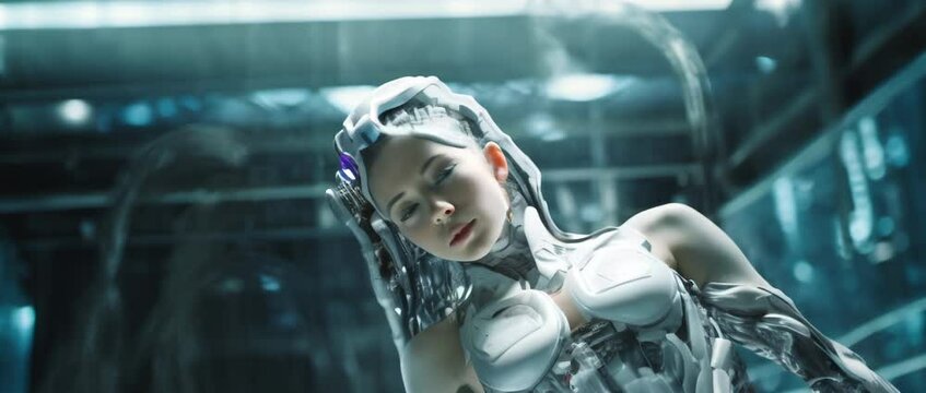 Portrait of cyborg girl connected to network in laboratory. Anamorphic 4k footage