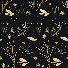 Boho seamless pattern with stars and leaves. Bohemian modern background. Celestial wrapping paper.