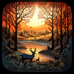 forest with Animals in the style paper cut artwork with sunset view