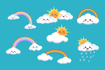 Set of clouds sun and rainbow cartoon flat illustration