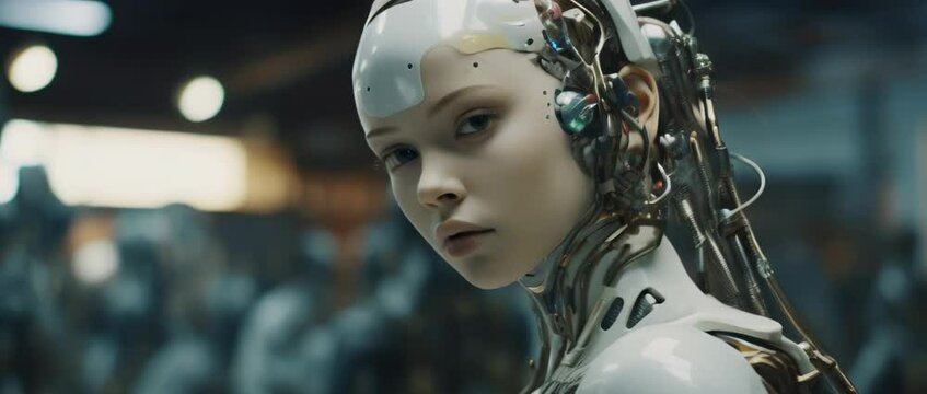 Medium shot of cyborg girl standing in hall in laboratory. Anamorphic 4k footage