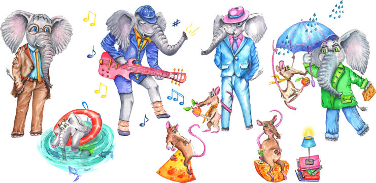Collection of 10 elements of elephants. Smart, singing, swimming elephants. Friendship between elephants and mice