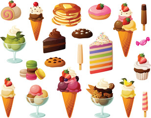 Cute vector illustration of various kinds of sweet pastries and ice cream.