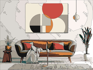 A curved brown sofa with red cushions against a white wall with a modern painting. Interior design of a modern living room in Scandinavian style.