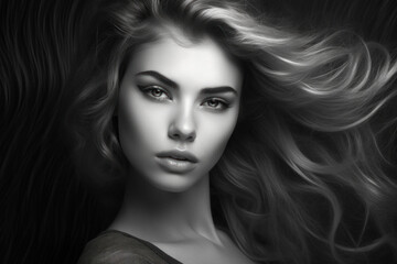 Fototapeta premium Black and white portrait of attractive young woman with deep eye
