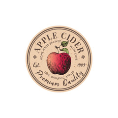 Vintage emblem for apple cider with hand drawn apple fruit illustration. Sticker template