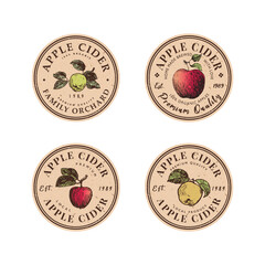 Vintage emblems for apple cider with hand drawn apple fruit illustration. Sticker template
