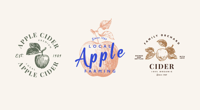 Apple cider logo template set, apple juice products emblem. Hand drawn apple fruits