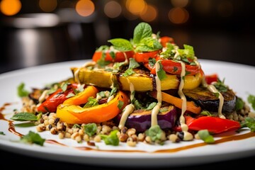 A sumptuous vegan dish, meticulously plated to highlight the rich colors and textures of diverse vegetables and grains.