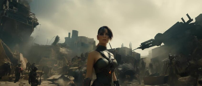 Medium shot of cyborg girl standing in the middle of destroyed city. Sci-fi concept. Anamorphic 4k footage