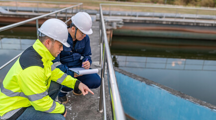 Environmental engineers work at wastewater treatment plants,Water supply engineering working at Water recycling plant for reuse,Technicians and engineers discuss work together. - obrazy, fototapety, plakaty