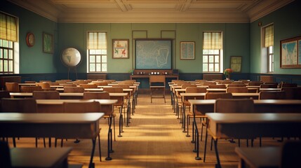Empty wooden classroom with whiteboard. AI generated image
