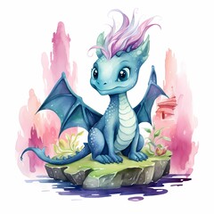 Cute dragon from a fairytale. Watercolor illustration.