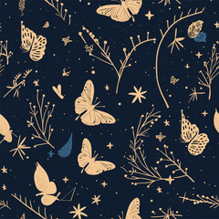 Elegant celestial seamless pattern with herbs. Boho magic background with space elements stars, butterflies. Vector doodle texture.