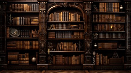 Classical library bookshelves with books and candlesticks. rendering  ai generative - obrazy, fototapety, plakaty
