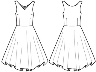 Women sleeveless fit and flared dress design flat sketch fashion illustration with front and back view, A line dress vector template