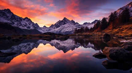 A Tranquil Lake Embraced by Mountains and a Colorful Sunset
