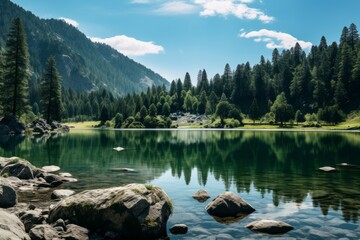 Nature's Masterpiece: A Serene Mountain Lake Reflecting Surrounding Trees