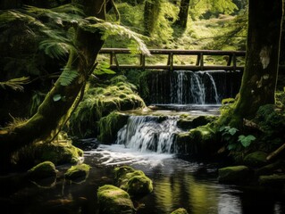 Tranquility in Nature: A Small Waterfall Flowing into a Peaceful Pond with a Picturesque Bridge