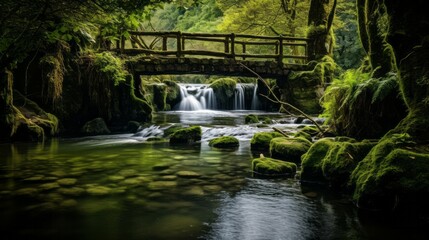 Fototapeta na wymiar Nature's Serenade: Waterfall, Lagoon, Greenery, and Wooden Bridge