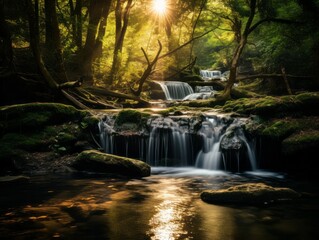 A Tranquil Forest with Cascading Waterfalls and Dappled Light