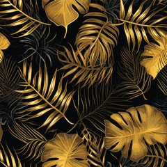Exotic gold tropical vector background with hawaiian plants. Seamless tropical pattern with monstera and palm leaves.