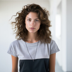 Fototapeta premium portrait studio d'une jeune femme brune aux cheveux mi-long frisés en t-shirt gris sur fond neutre