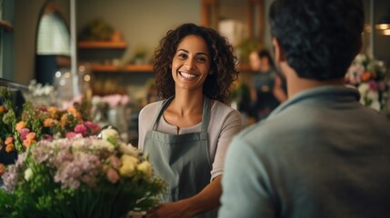 Fototapeta premium Young matured woman business owner welcoming the customer at shop of flowers