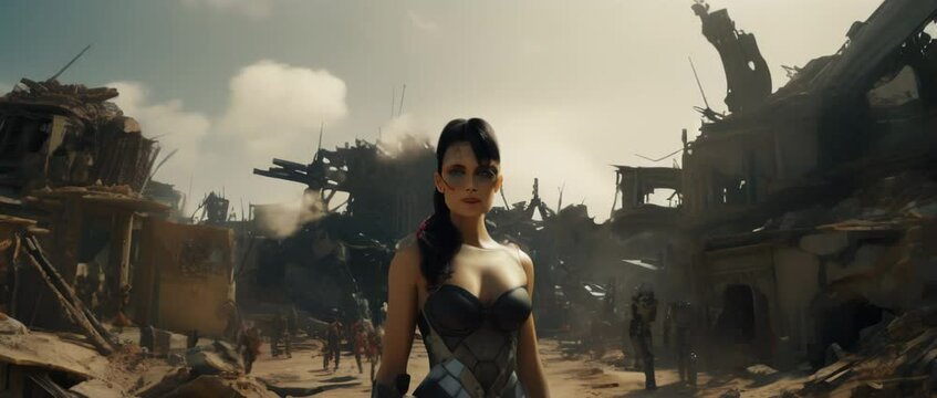 Medium shot of cyborg girl standing in the middle of destroyed city. Sci-fi concept. Anamorphic 4k footage