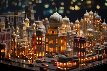 Landscape at the Diwali Festival in India with miniature monuments decorated with lights.