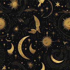 Gold seamless pattern and boho astrology. Mystical and bohemian symbols of the crescent and stars