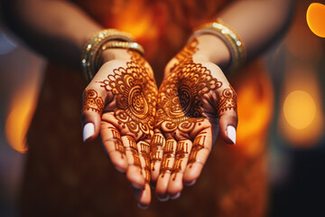 Beautiful image of hands decorated with henna mehndi in common tradition during Diwali Festival. - obrazy, fototapety, plakaty