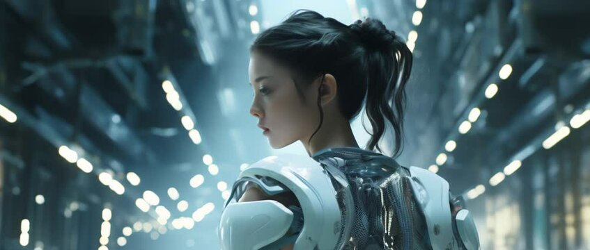Medium shot of cyborg girl standing in hall in laboratory. Anamorphic 4k footage