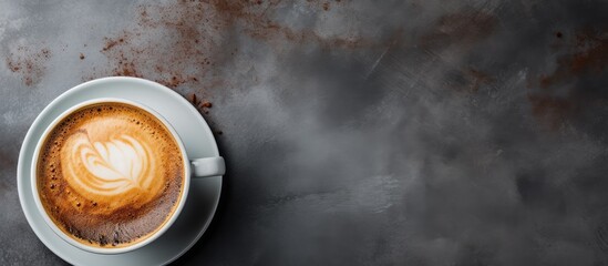 Coffee cup top view grey background - obrazy, fototapety, plakaty