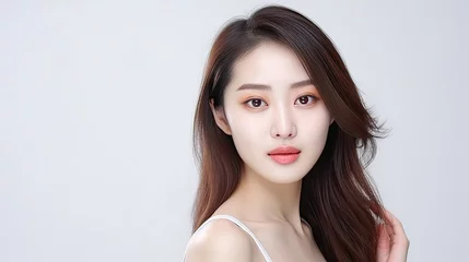 Fotobehang Beautiful young asian woman with clean fresh skin on white background, Face care, Facial treatment, Cosmetology, beauty and spa, Asian women portrait © Sasint