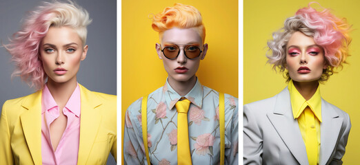 Modern fashion collage. A portrait of a non-binary individual adorned in pastel hues.