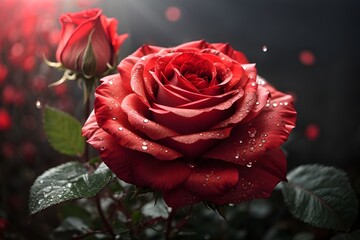 Red rose closeup with water drops. Generative AI.