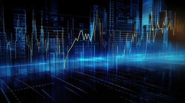 Stock exchange market graph and progress of business financial and investment data analysis on blue background