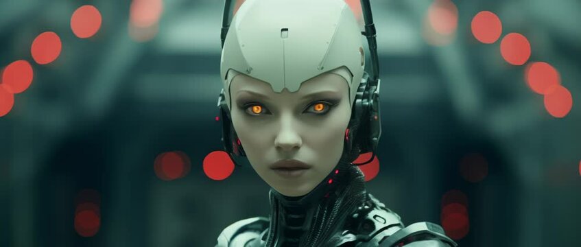 Close up of cyborg girl in laboratory looking at camera. Anamorphic 4k footage