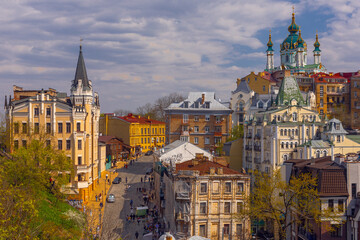 Top  view on historical St Andrew's Church. A beautiful panorama of Podil area.