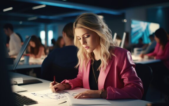 A copywriter is writing with pen in a notebook in a modern corporate office environment. Generative AI