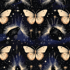 Magic illustration with butterflies and crescents. Contemporary composition. Trendy texture for print, textile, packaging