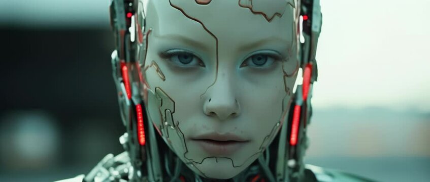Close up of cyborg girl looking at camera. Anamorphic 4k footage
